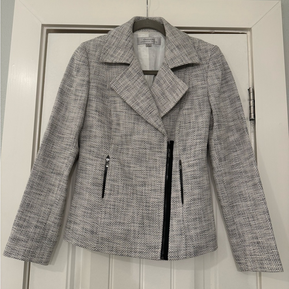 TAHARI ARTHUR S. LEVINE Tweed Moto Jacket Blazer Asymmetrical Zip Size 2